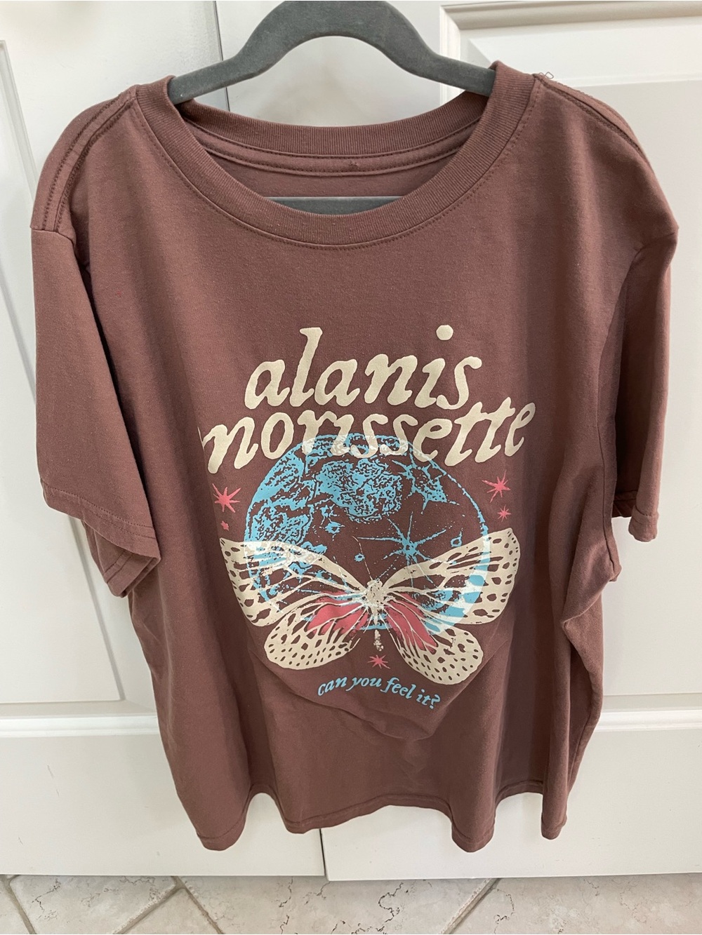 Alanis Morissette Soft Brown Cotton Blend Short Sleeve Tee with Butterfly Top